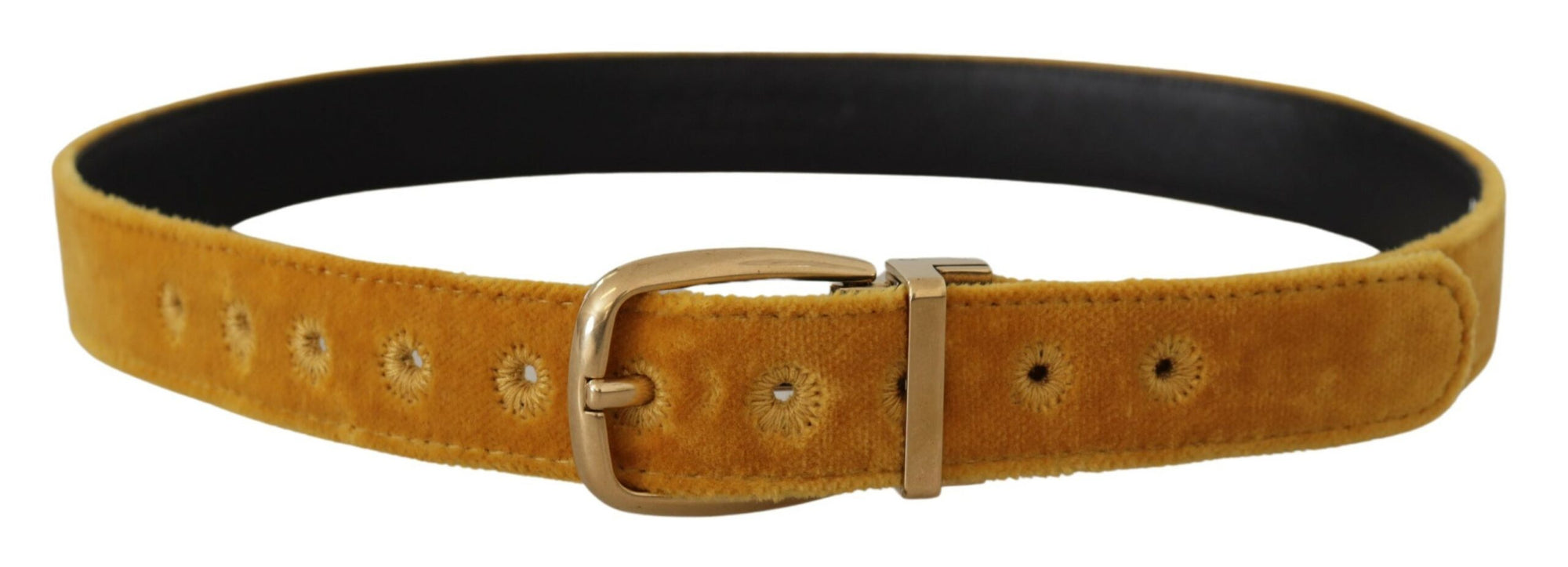 Dolce & Gabbana Mustard Velvet Gold Logo Engraved Metal Buckle Belt - Maison Luxe