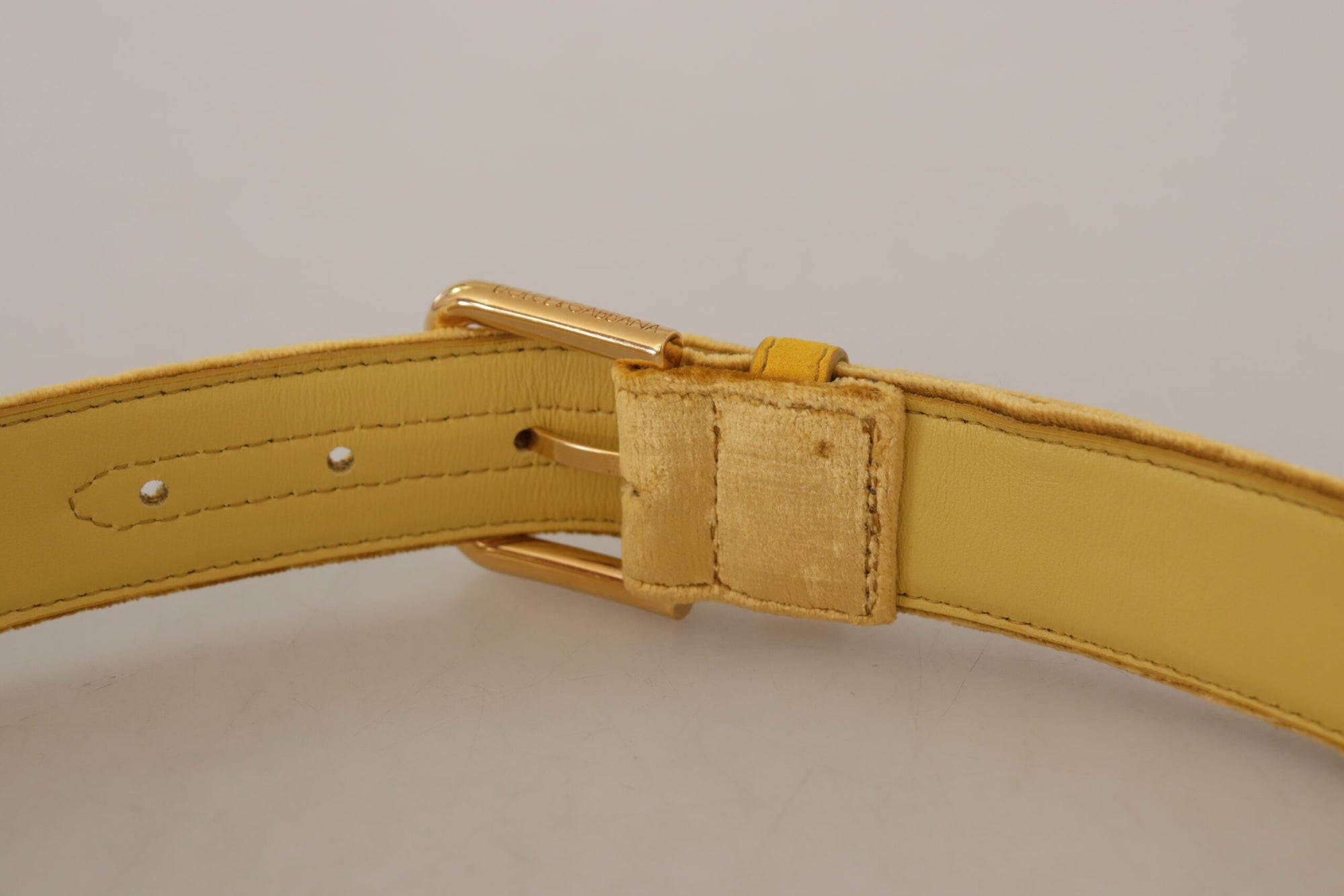 Dolce & Gabbana Yellow Velvet Gold Metal Logo Engraved Buckle Belt - Maison Luxe