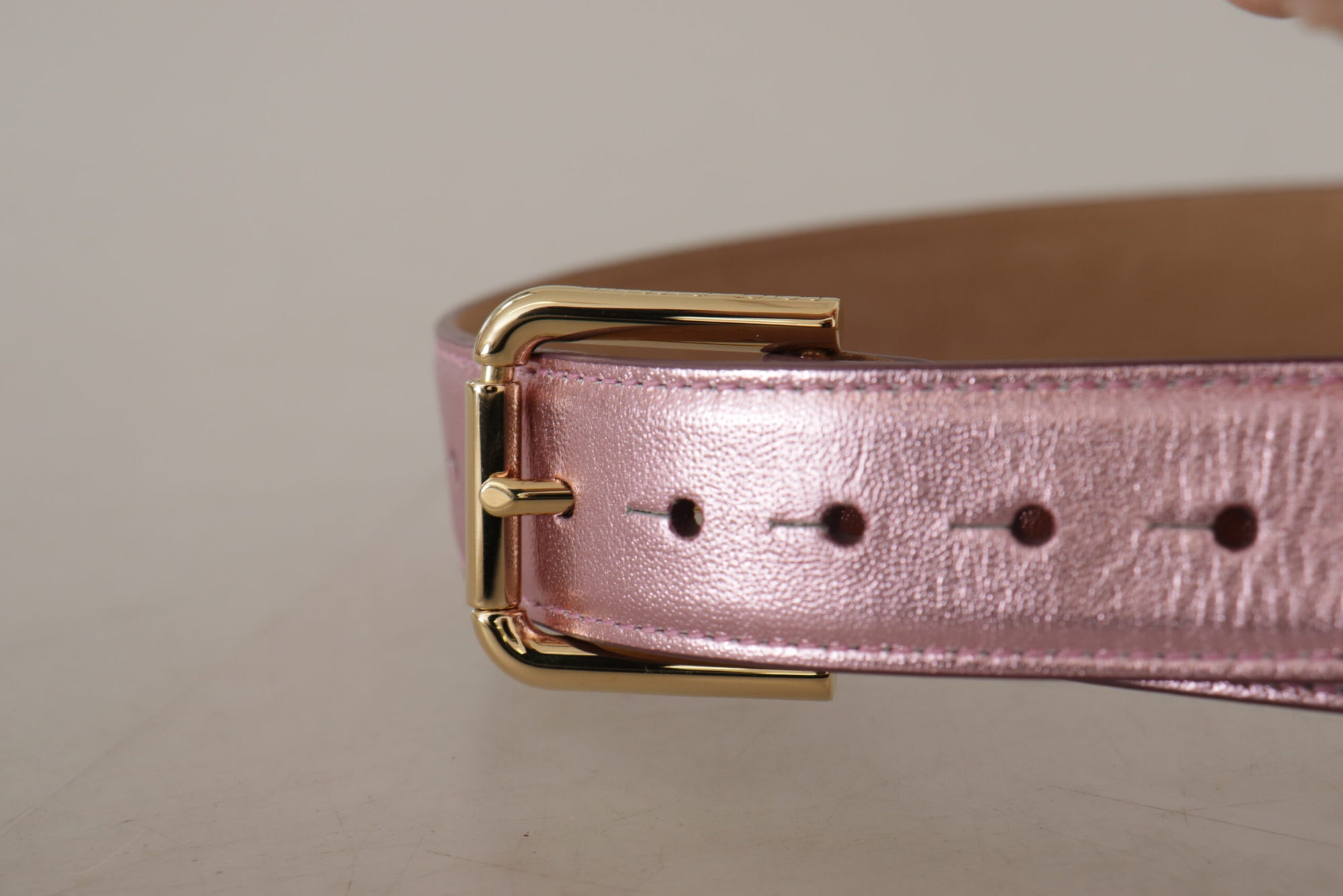 Dolce & Gabbana Metallic Pink Polished Leather Logo Metal Buckle Belt - Maison Luxe