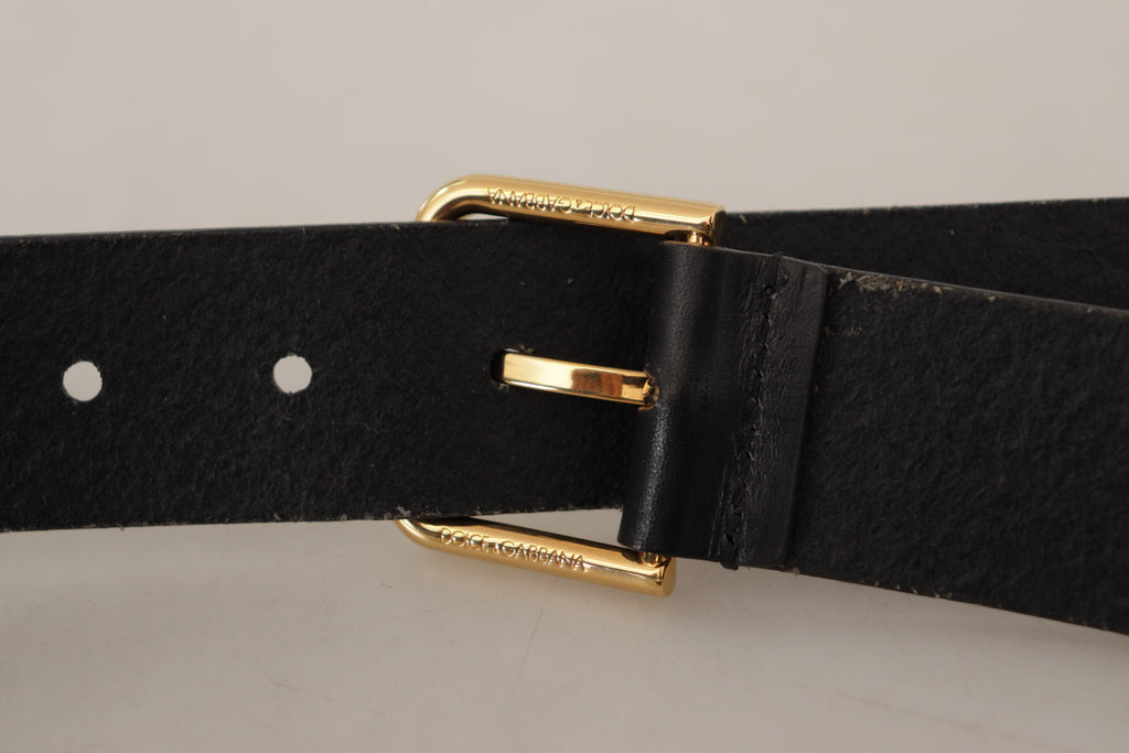 Dolce & Gabbana Black Calf Leather Gold Tone Logo Metal Buckle Belt - Maison Luxe