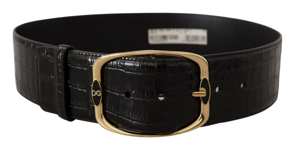 Dolce & Gabbana Black Crocodile Print Gold Metal DG Logo Buckle Belt - Maison Luxe