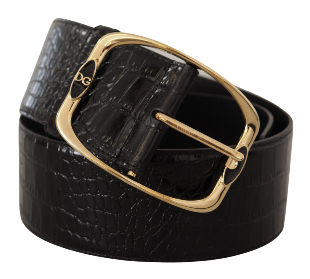 Dolce & Gabbana Black Crocodile Print Gold Metal DG Logo Buckle Belt - Maison Luxe
