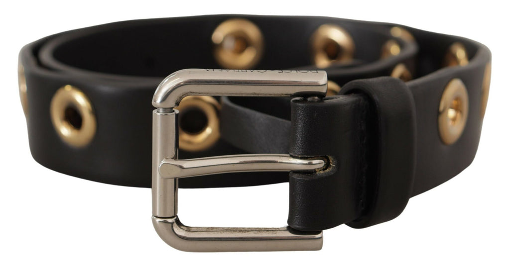 Dolce & Gabbana Black Leather Eyelet Silver Tone Metal Buckle Belt - Maison Luxe