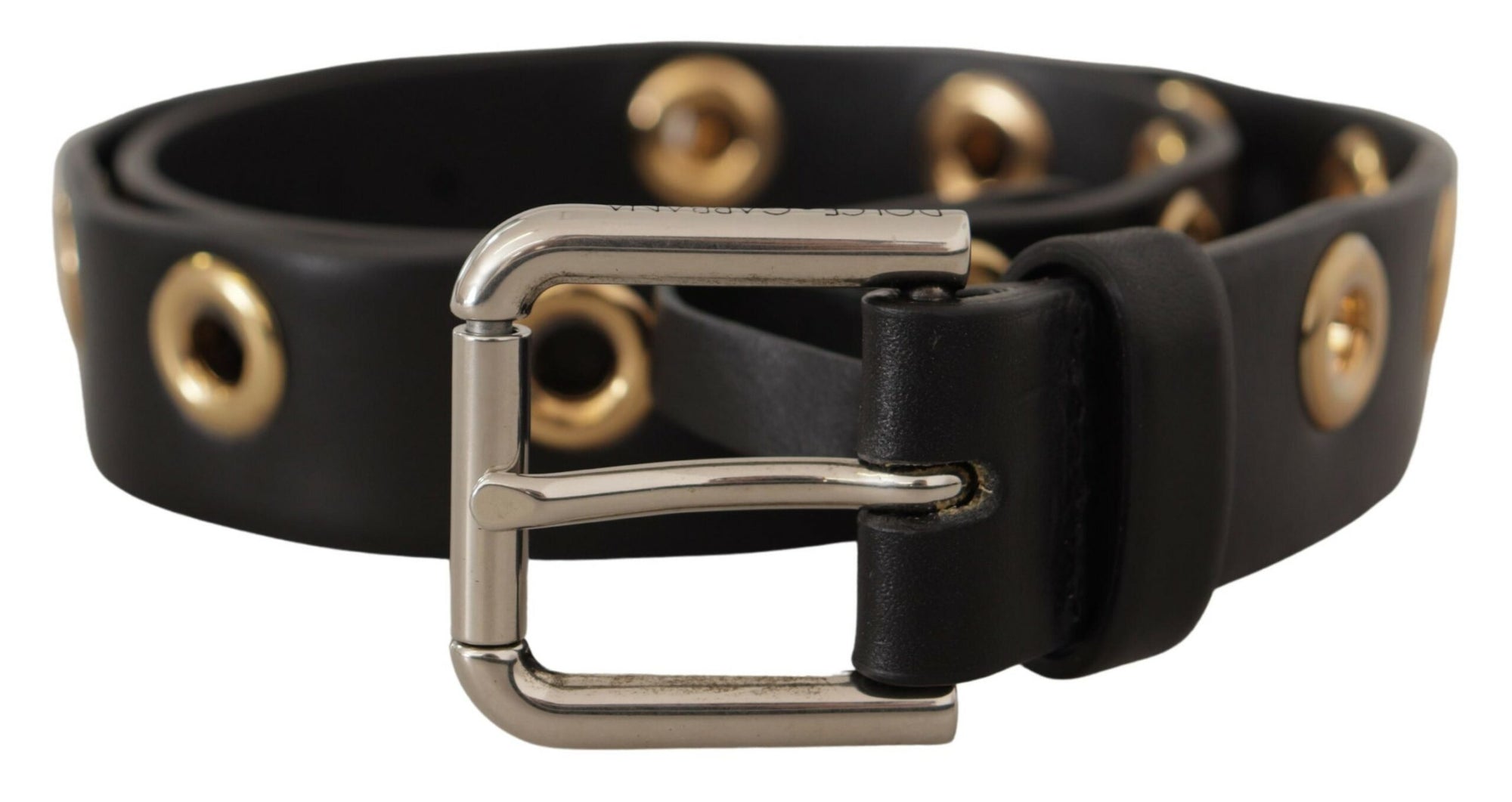 Dolce & Gabbana Black Leather Eyelet Silver Tone Metal Buckle Belt - Maison Luxe