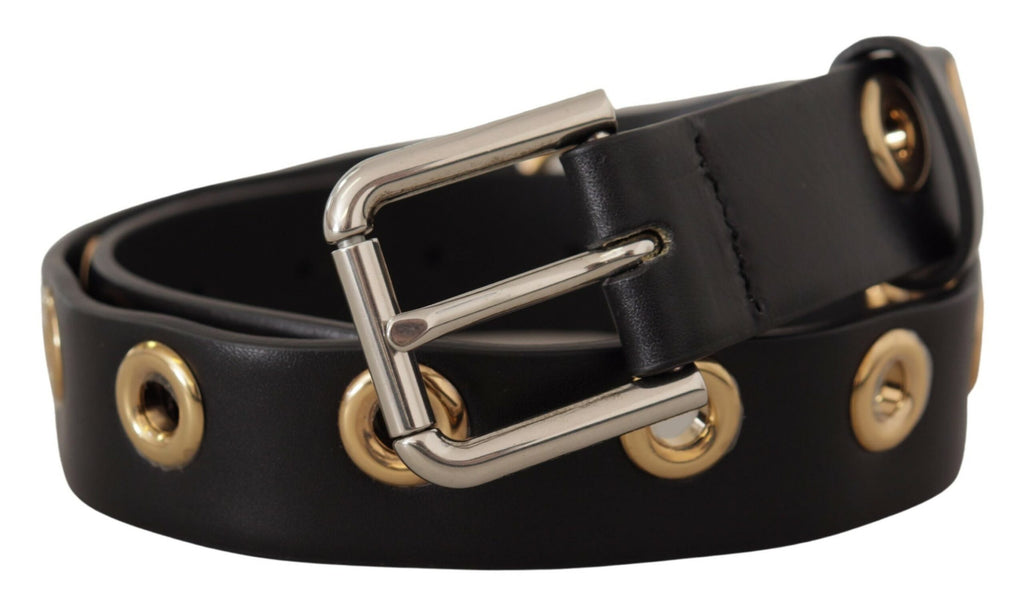 Dolce & Gabbana Black Leather Eyelet Silver Tone Metal Buckle Belt - Maison Luxe