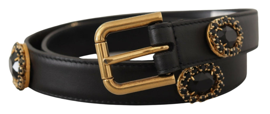 Dolce & Gabbana Black Leather Embellished Crystal Logo Belt - Maison Luxe