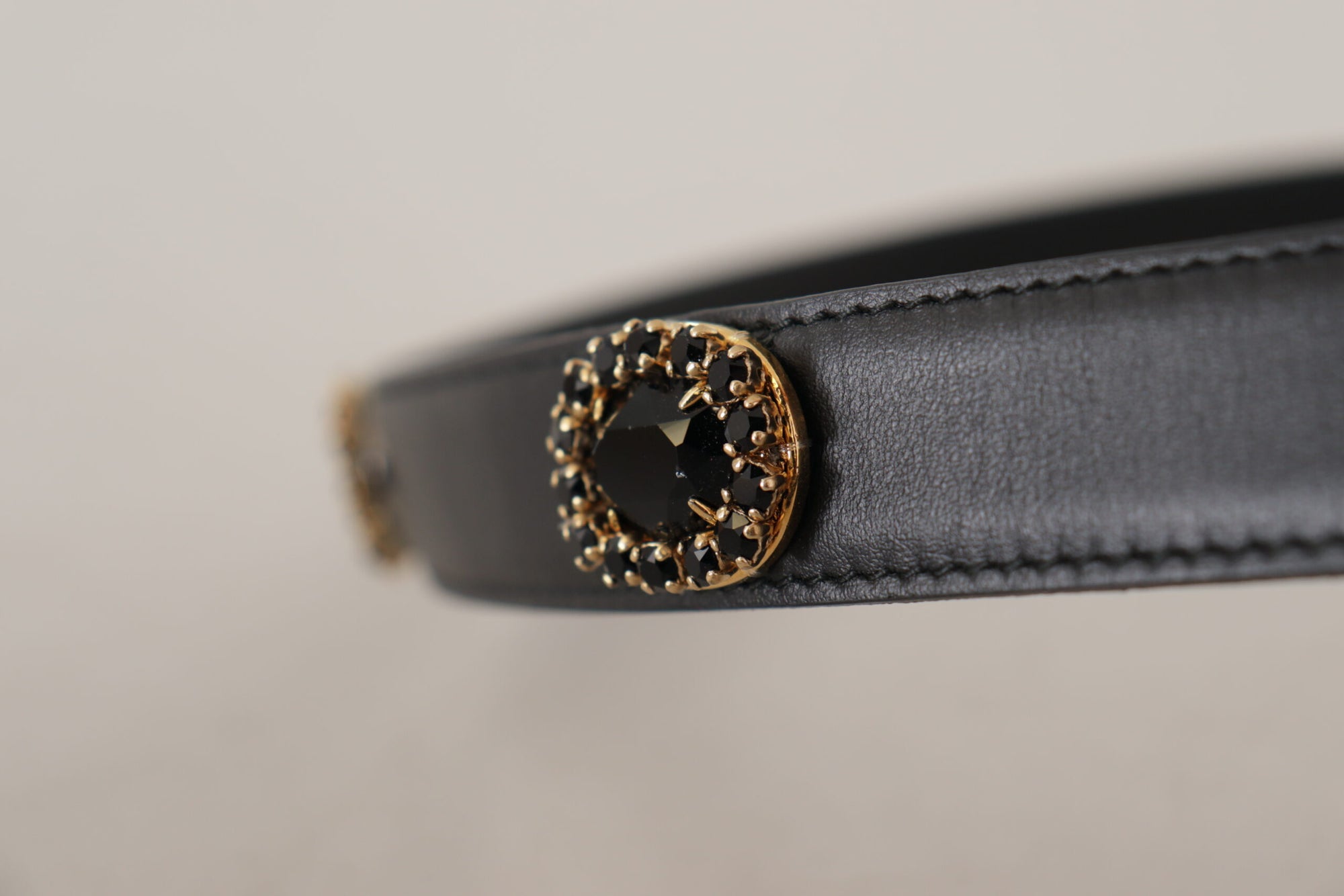 Dolce & Gabbana Black Leather Embellished Crystal Logo Belt - Maison Luxe