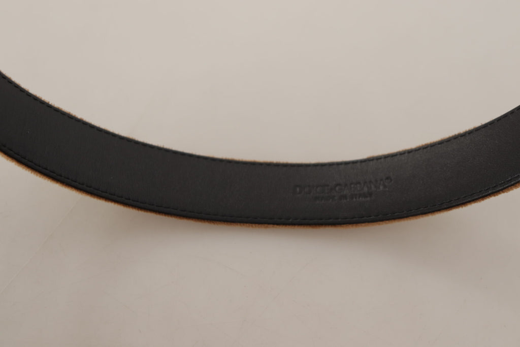 Dolce & Gabbana Brown Velvet Bronze Vintage Logo Metal Buckle Belt - Maison Luxe