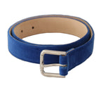Dolce & Gabbana Blue Velvet Silver Logo Engraved Metal Buckle Belt - Maison Luxe