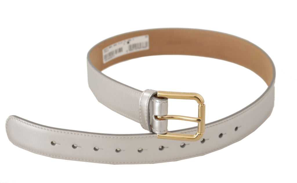 Dolce & Gabbana Silver Leather Gold Tone Logo Metal Buckle Belt - Maison Luxe