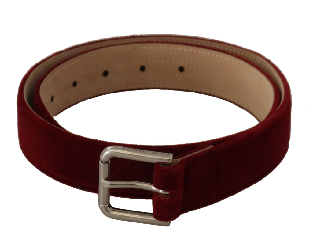 Dolce & Gabbana Red Velvet Silver Logo Engraved Metal Buckle Belt - Maison Luxe