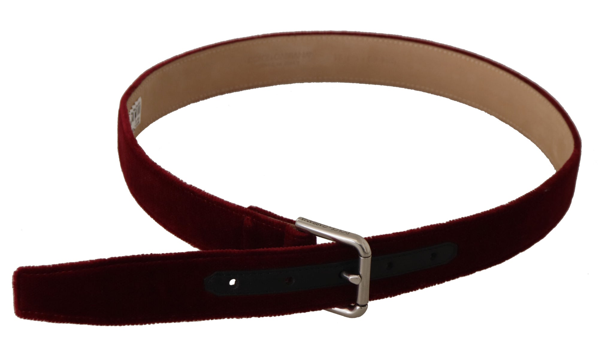 Dolce & Gabbana Red Velvet Silver Logo Engraved Metal Buckle Belt - Maison Luxe