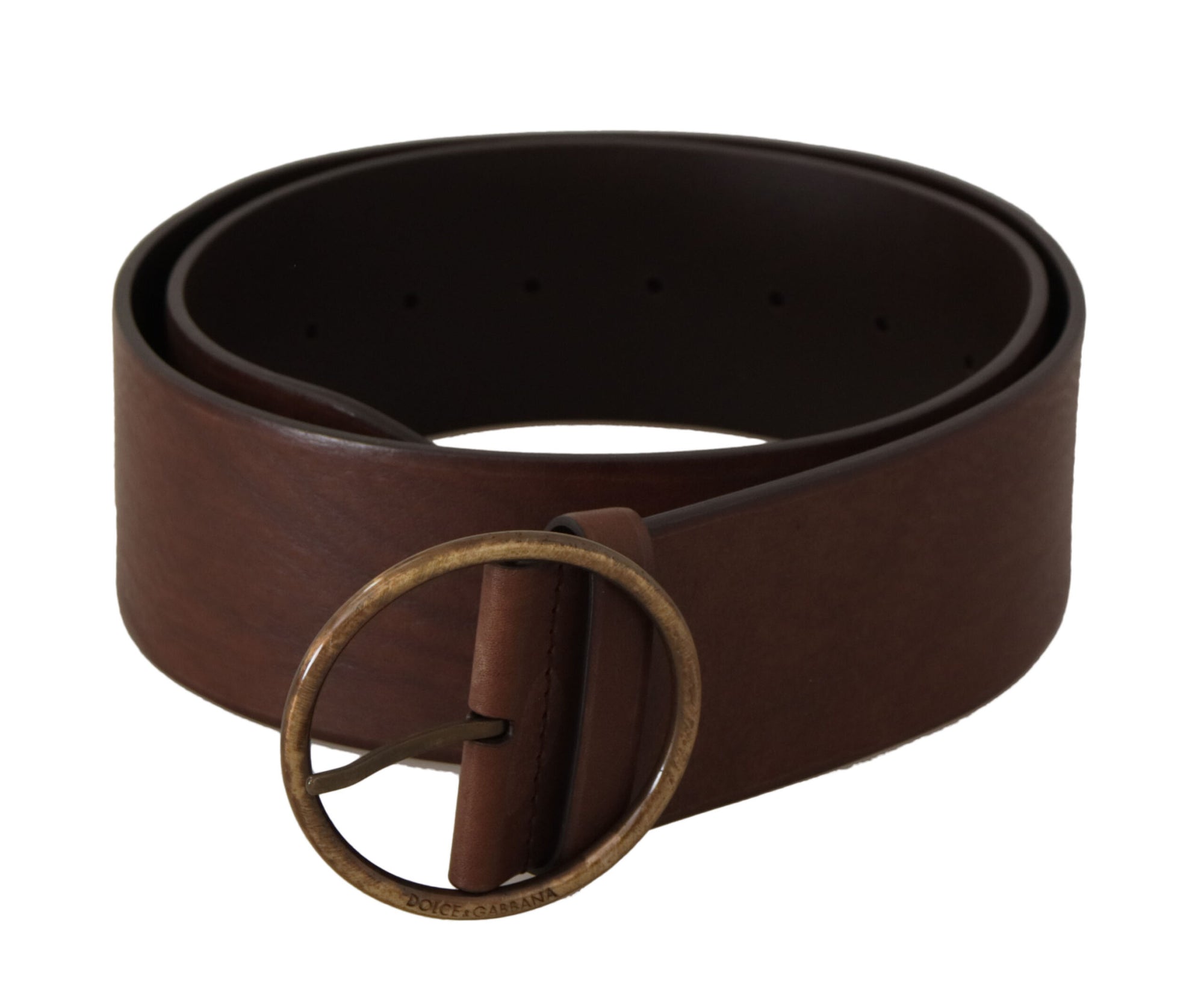 Dolce & Gabbana Brown Leather Wide Waist Logo Metal Round Buckle Belt - Maison Luxe