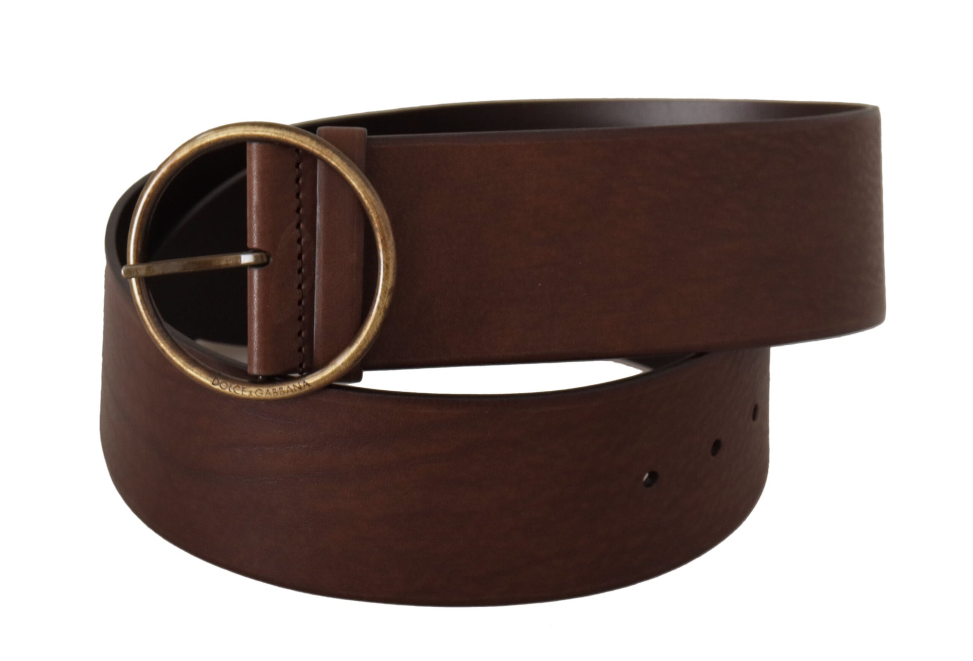 Dolce & Gabbana Brown Leather Wide Waist Logo Metal Round Buckle Belt - Maison Luxe