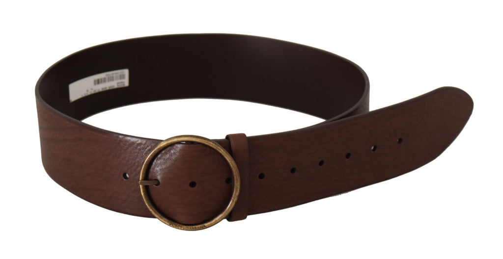 Dolce & Gabbana Brown Leather Wide Waist Logo Metal Round Buckle Belt - Maison Luxe