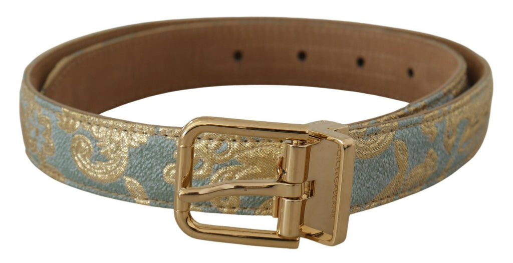 Dolce & Gabbana Blue Leather Jacquard Embossed Gold Metal Buckle Belt - Maison Luxe
