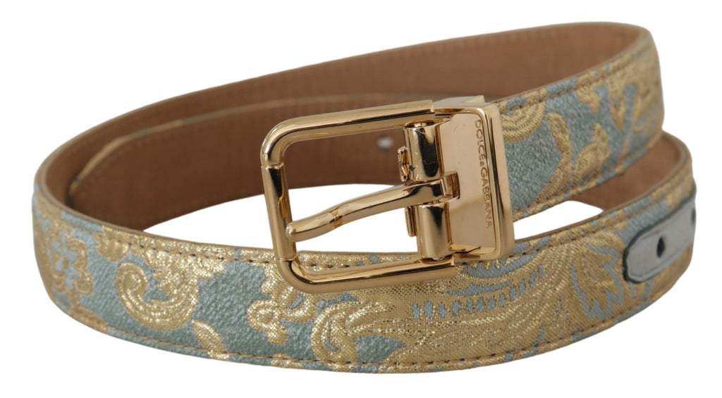 Dolce & Gabbana Blue Leather Jacquard Embossed Gold Metal Buckle Belt - Maison Luxe
