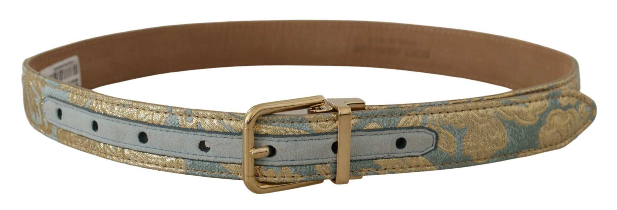 Dolce & Gabbana Blue Leather Jacquard Embossed Gold Metal Buckle Belt - Maison Luxe