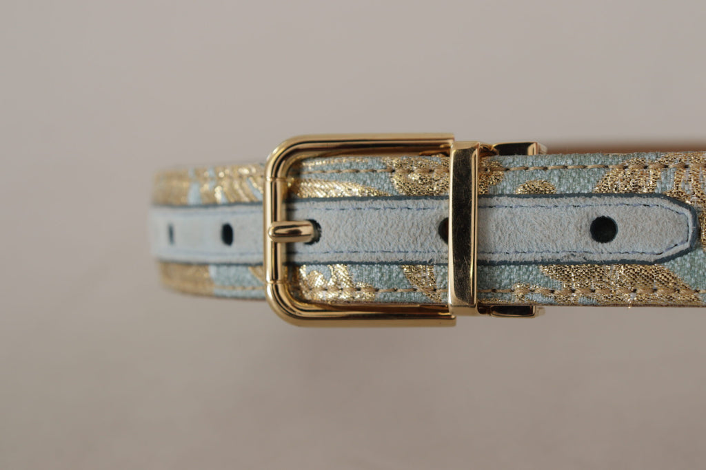 Dolce & Gabbana Blue Leather Jacquard Embossed Gold Metal Buckle Belt - Maison Luxe