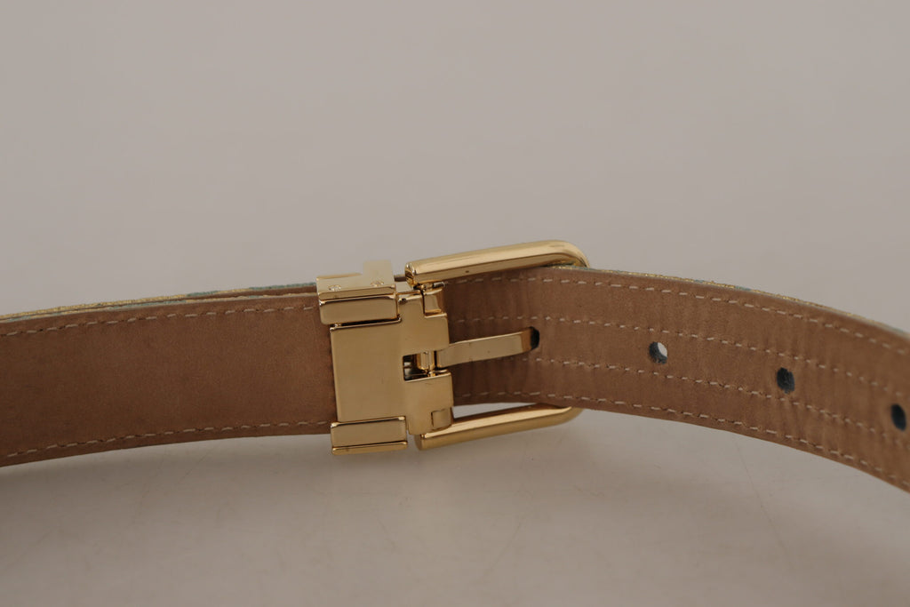 Dolce & Gabbana Blue Leather Jacquard Embossed Gold Metal Buckle Belt - Maison Luxe