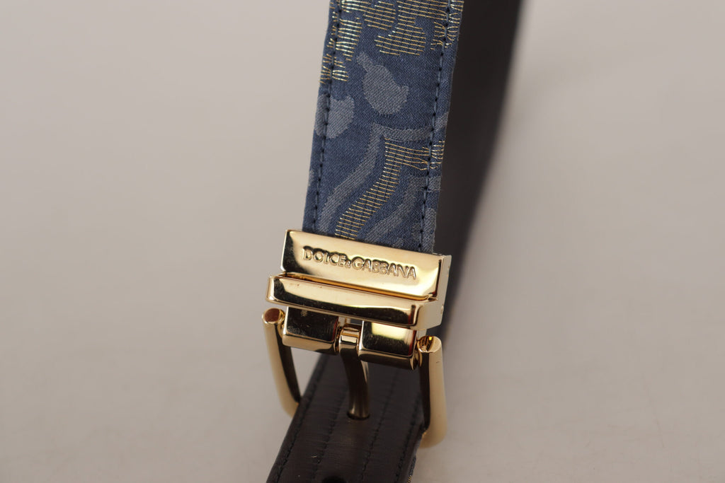 Dolce & Gabbana Navy Blue Jacquard Gold Tone Logo Metal Buckle Belt - Maison Luxe