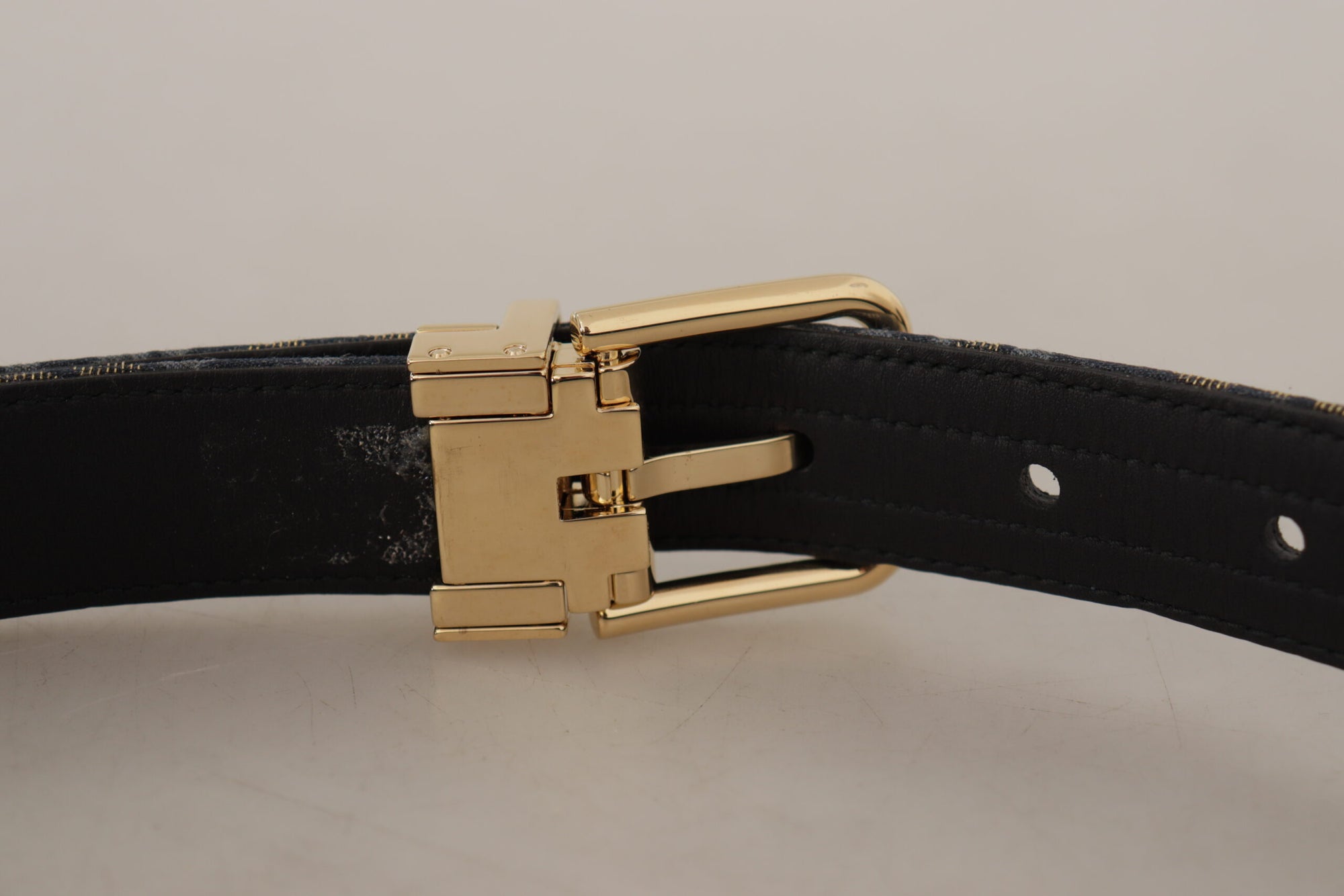 Dolce & Gabbana Navy Blue Jacquard Gold Tone Logo Metal Buckle Belt - Maison Luxe