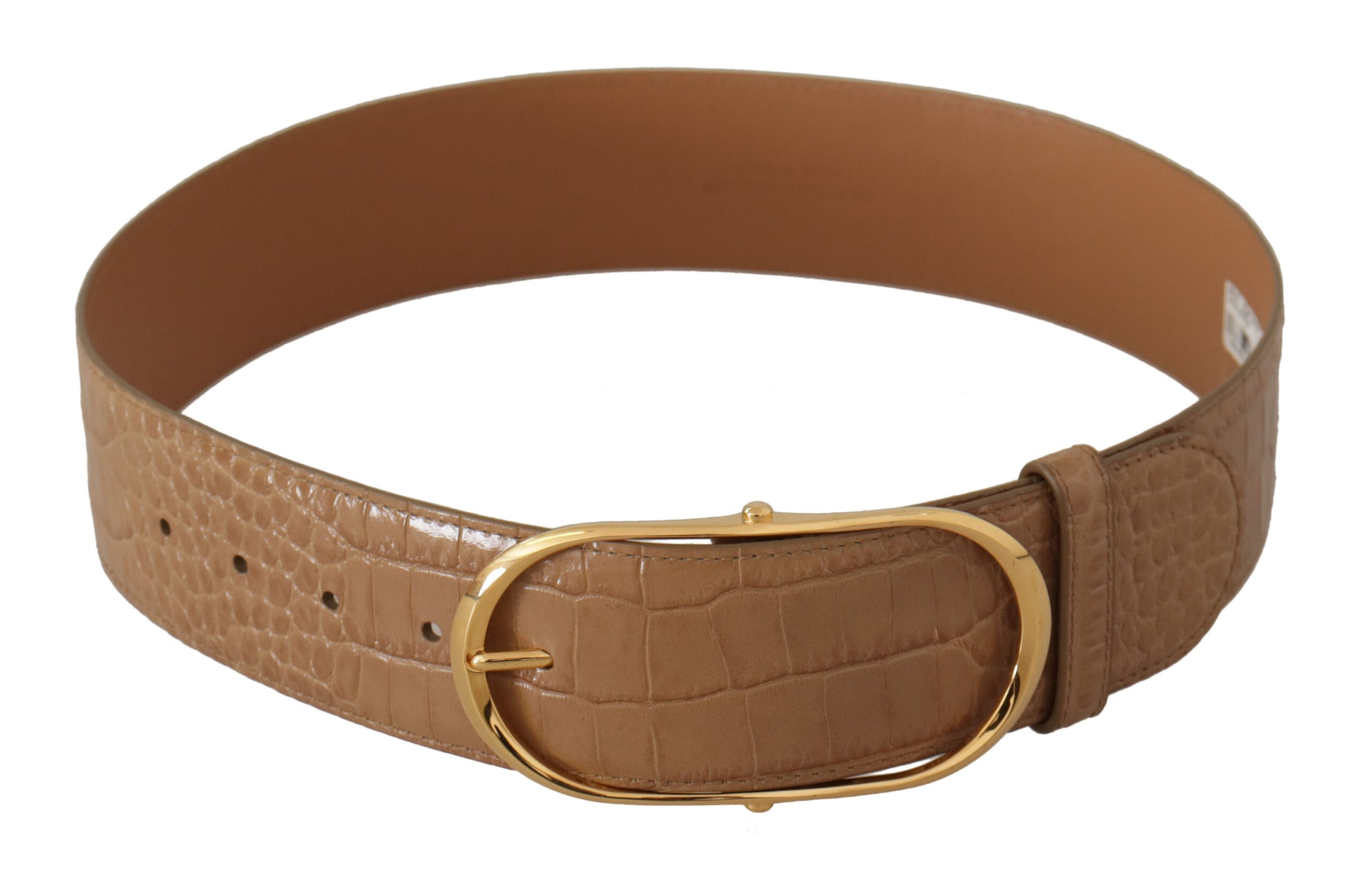 Dolce & Gabbana Brown Beige Leather Gold Metal Oval Buckle Belt - Maison Luxe