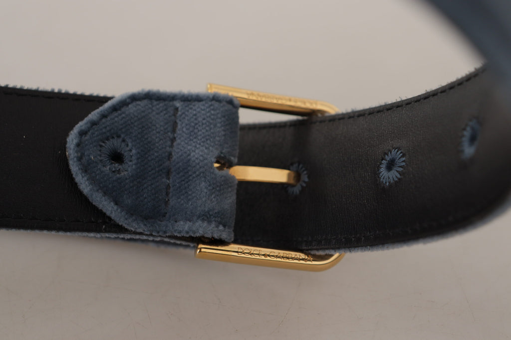 Dolce & Gabbana Navy Blue Velvet Gold Metal Logo Waist Buckle Belt - Maison Luxe