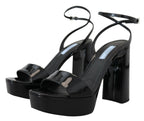 Prada Black Patent Sandals Ankle Strap Heels Leather