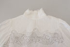 Dolce & Gabbana White Cotton Lace Trim Turtle Neck Blouse Top