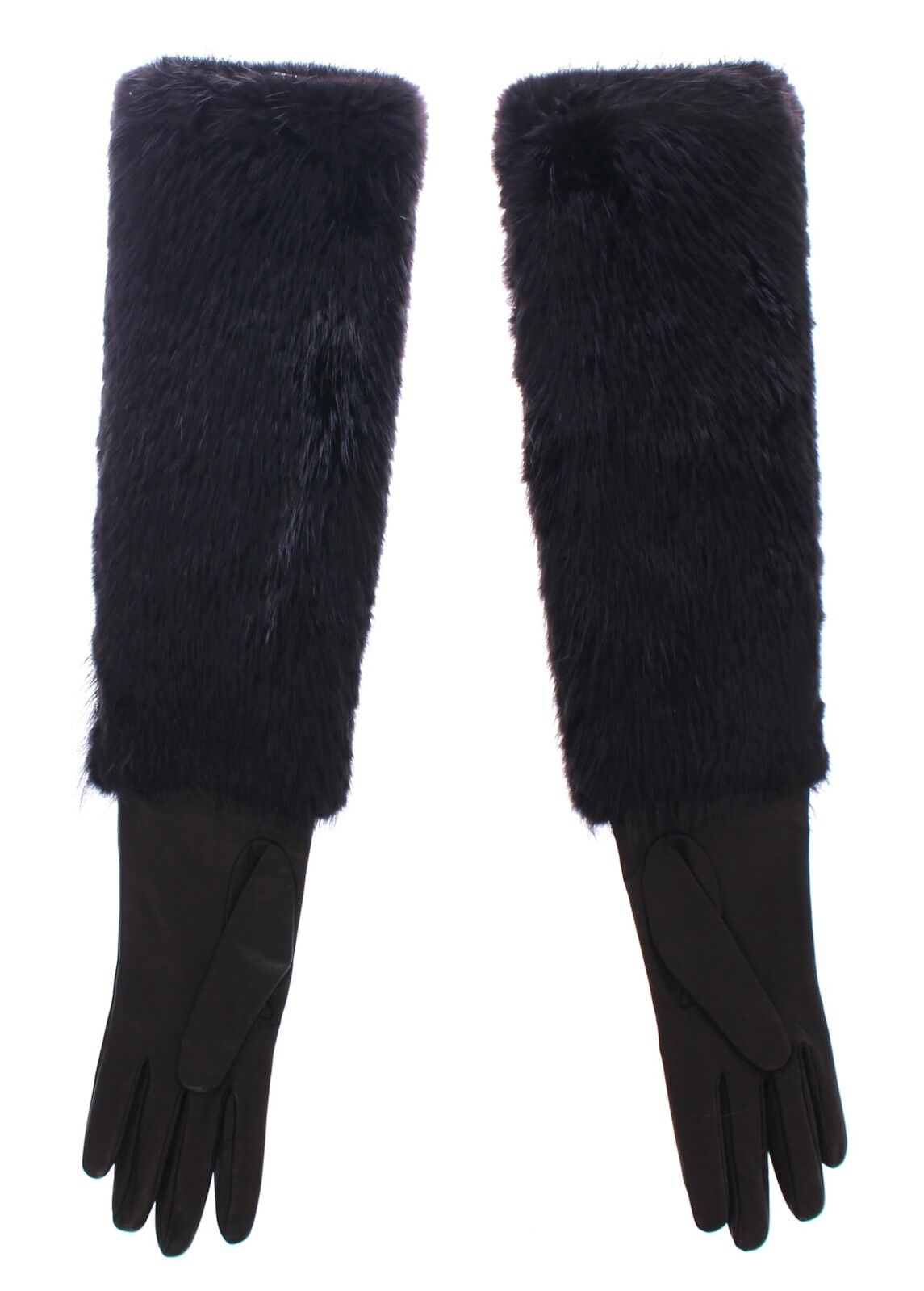 Dolce & Gabbana Black Beaver Fur Lambskin Leather Elbow Gloves - Maison Luxe