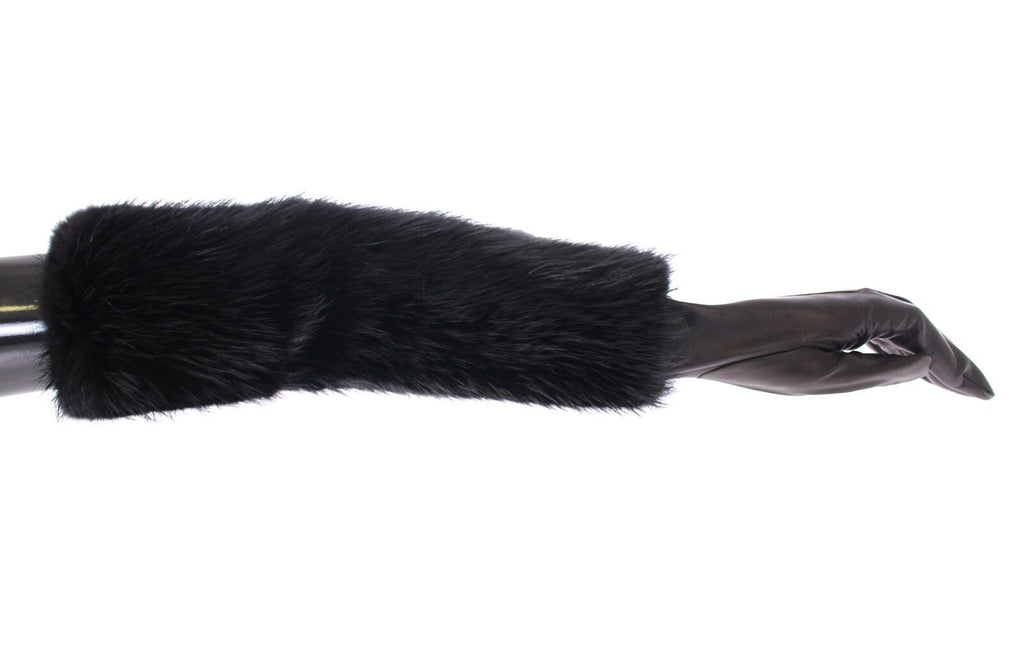 Dolce & Gabbana Black Beaver Fur Lambskin Leather Elbow Gloves - Maison Luxe