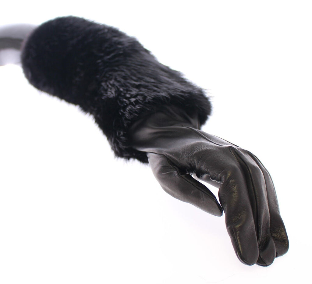 Dolce & Gabbana Black Beaver Fur Lambskin Leather Elbow Gloves - Maison Luxe