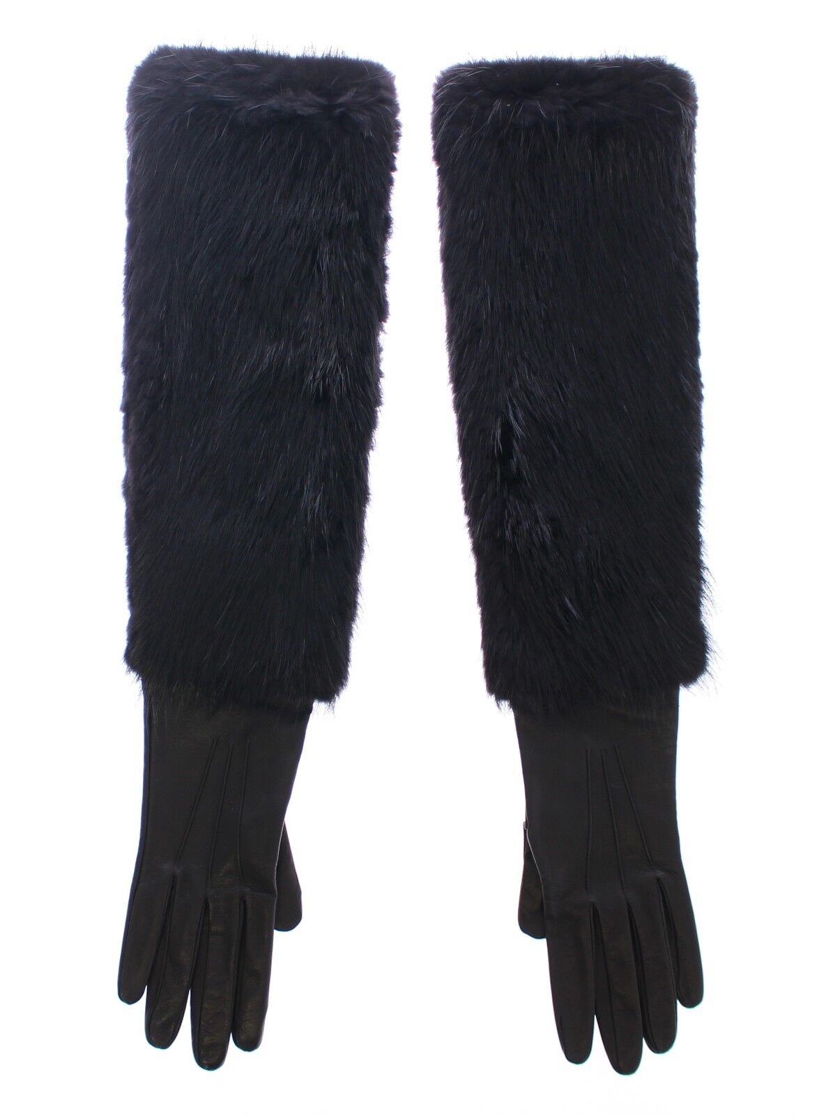 Dolce & Gabbana Black Beaver Fur Lambskin Leather Elbow Gloves - Maison Luxe