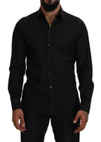 Dolce & Gabbana Black Cotton Collared Long Sleeve GOLD Shirt