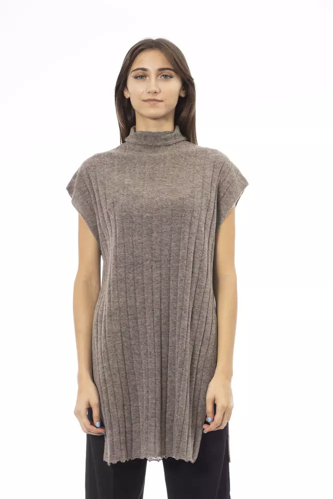 Alpha Studio Brown Wool Women Sweater with Turtleneck and Side Slits