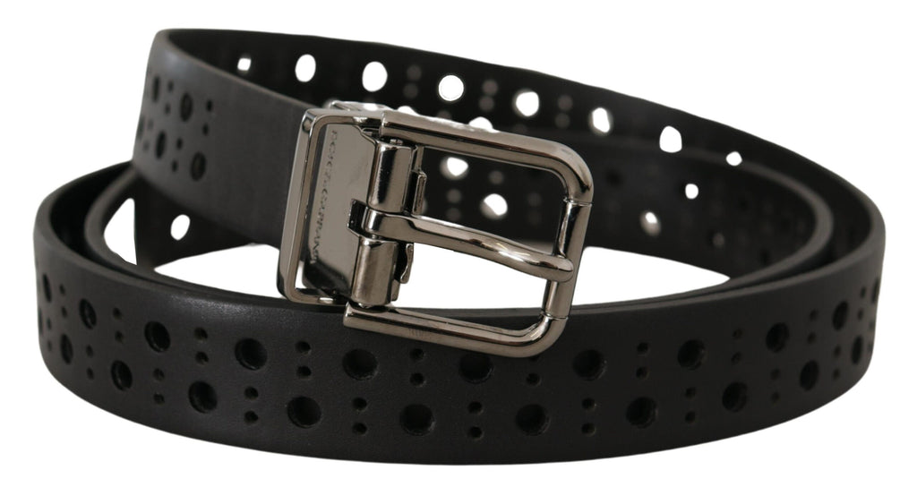 Dolce & Gabbana Black Calf Leather Perforated Metal Buckle Belt - Maison Luxe