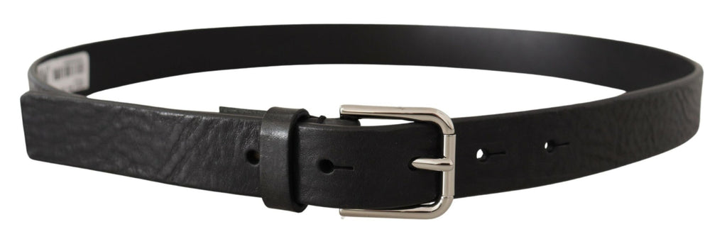 Dolce & Gabbana Black Calf Leather Silver Tone Logo Metal Buckle Belt - Maison Luxe