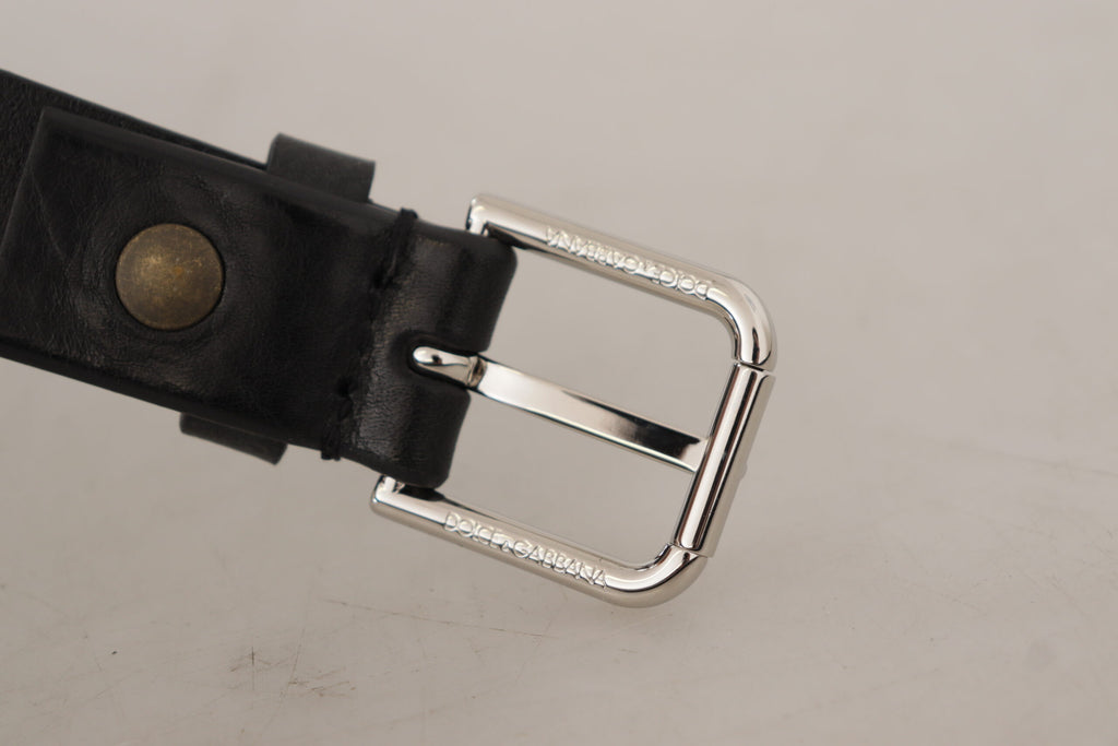 Dolce & Gabbana Black Calf Leather Silver Tone Logo Metal Buckle Belt - Maison Luxe