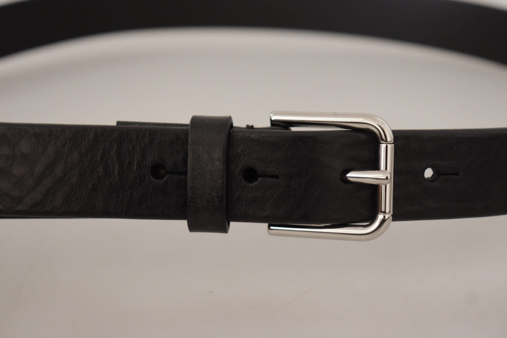 Dolce & Gabbana Black Calf Leather Silver Tone Logo Metal Buckle Belt - Maison Luxe