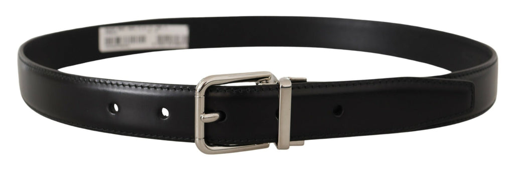 Dolce & Gabbana Black Calf Leather Logo Engraved Metal Buckle Belt - Maison Luxe