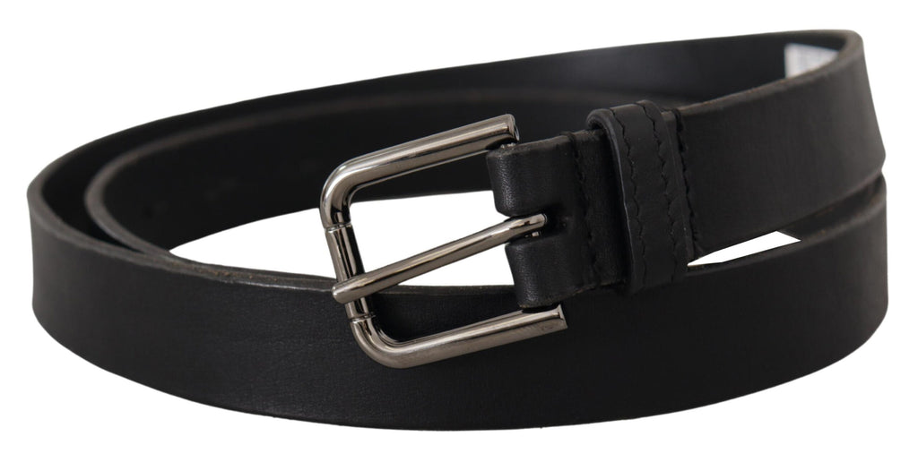 Dolce & Gabbana Black Calf Leather Logo Engraved Metal Buckle Belt - Maison Luxe