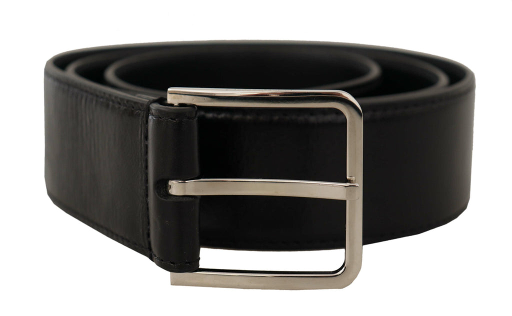 Dolce & Gabbana Black Calf Leather Logo Engraved Metal Buckle Belt - Maison Luxe