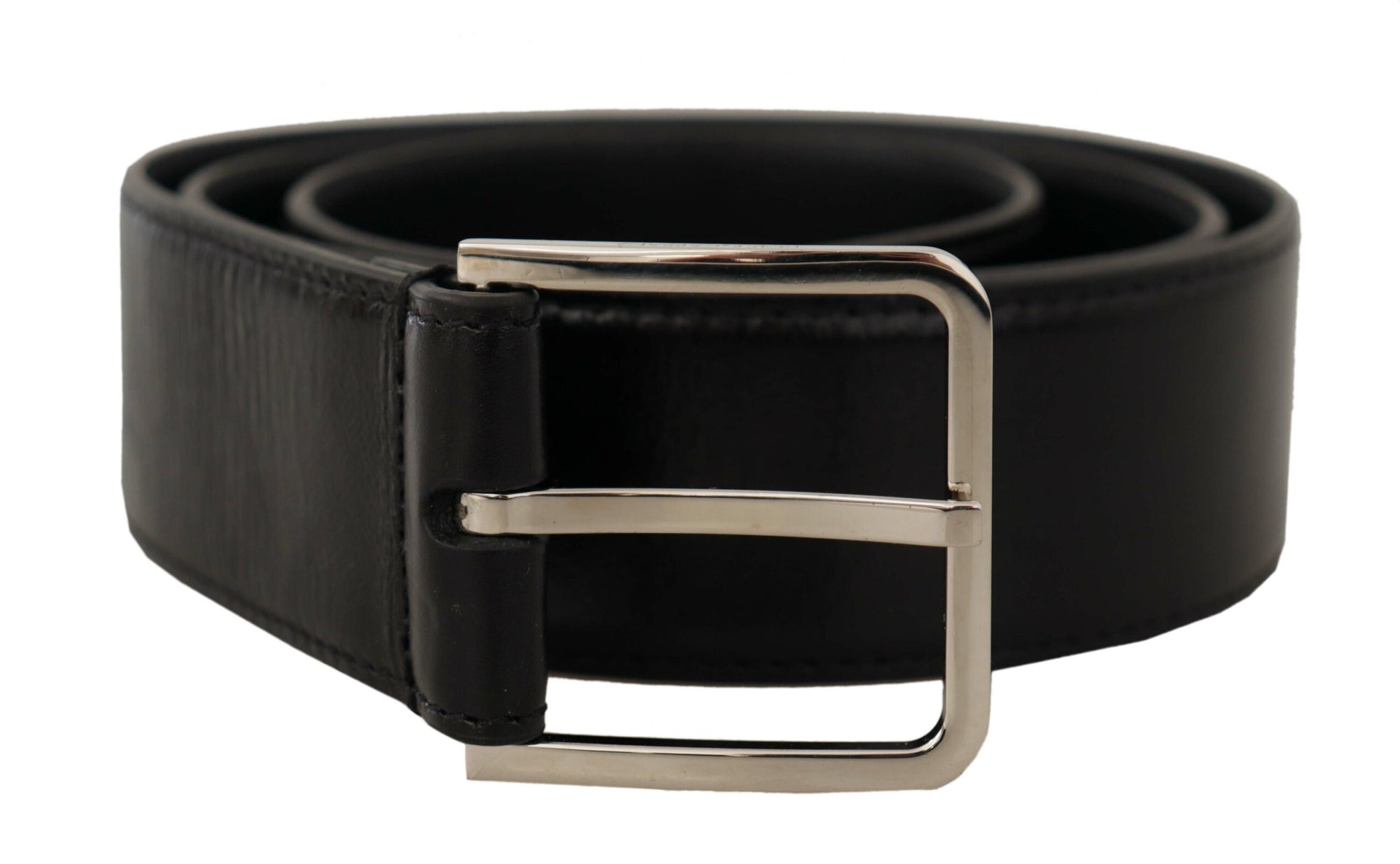 Dolce & Gabbana Black Calf Leather Logo Engraved Metal Buckle Belt - Maison Luxe