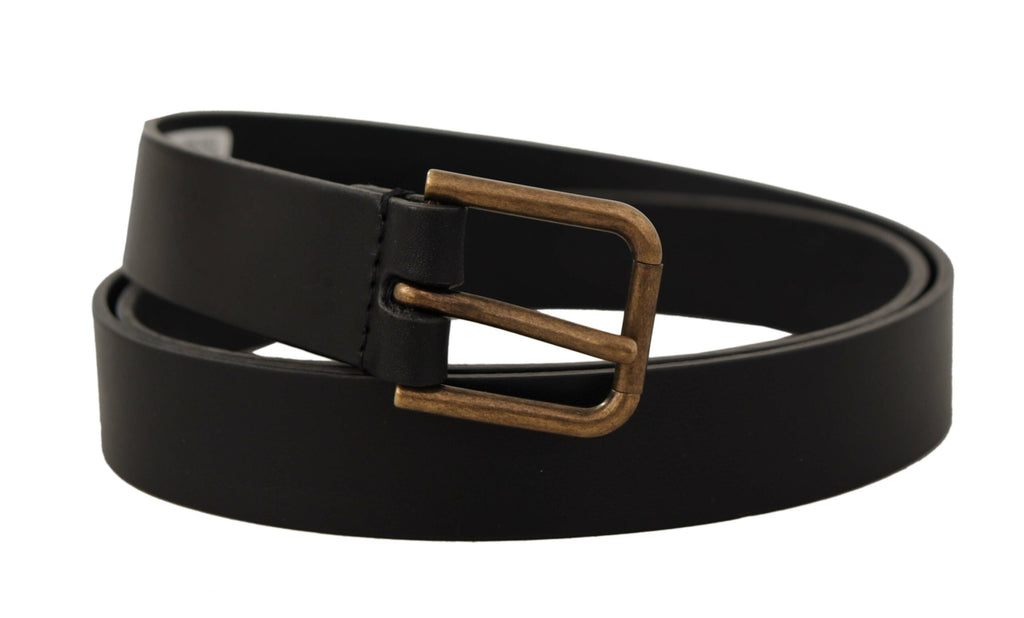 Dolce & Gabbana Black Calf Leather Brass Logo Engraved Buckle Belt - Maison Luxe