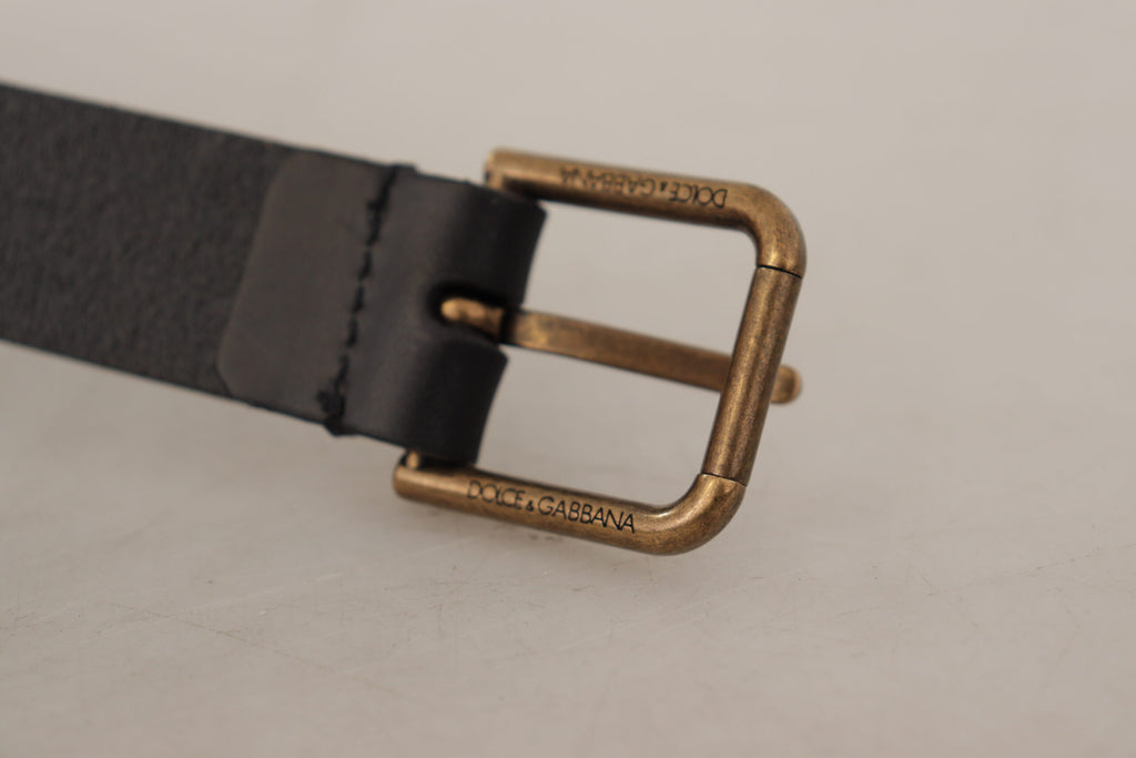 Dolce & Gabbana Black Calf Leather Brass Logo Engraved Buckle Belt - Maison Luxe