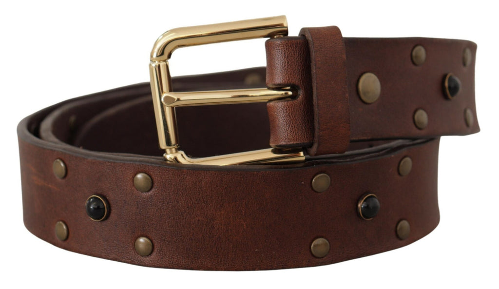 Dolce & Gabbana Brown Leather Studded Gold Tone Metal Buckle Belt - Maison Luxe