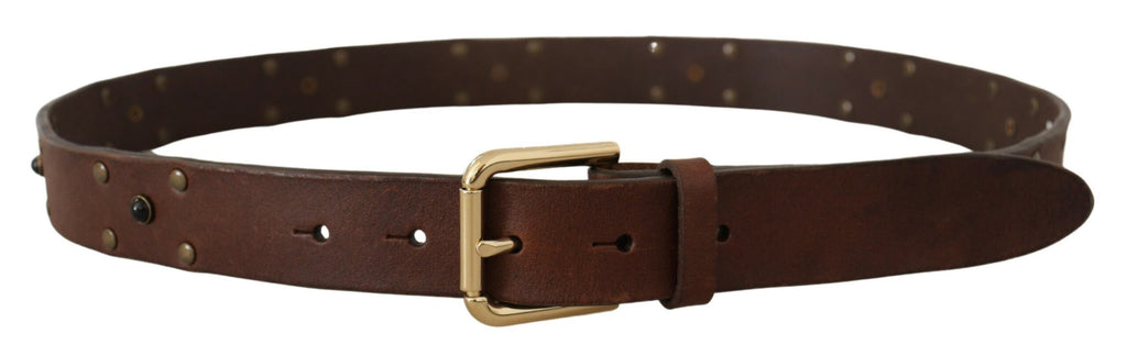 Dolce & Gabbana Brown Leather Studded Gold Tone Metal Buckle Belt - Maison Luxe