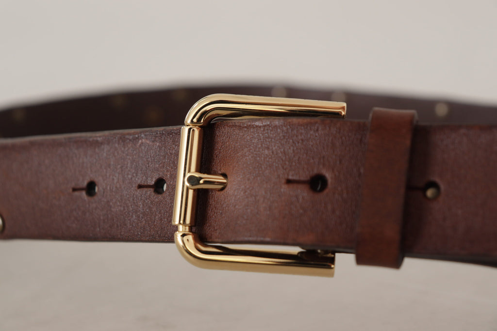 Dolce & Gabbana Brown Leather Studded Gold Tone Metal Buckle Belt - Maison Luxe