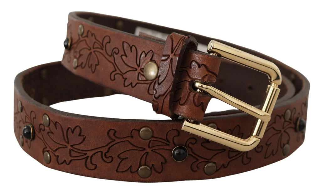 Dolce & Gabbana Brown Leather Floral Studded Metal Buckle Belt - Maison Luxe